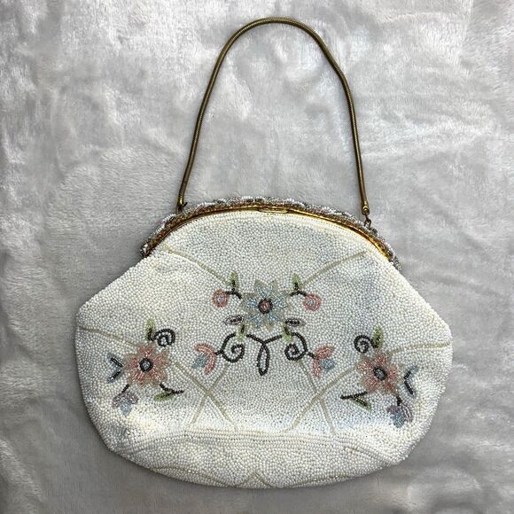 Vintage 50s Ed B. Robinson Micro Bead Handbag Made In France Floral Coquette - Picture 5 of 16